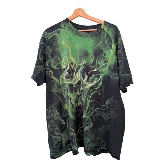 Vintage Y2K Social Media Smoke Flame Skull Graphic Tee Shirt 2XL Green Goth - Picture 2 of 8